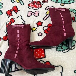 Predictions Burgundy Suede Mid-Calf Heeled Boots with Pink Ribbon Accents